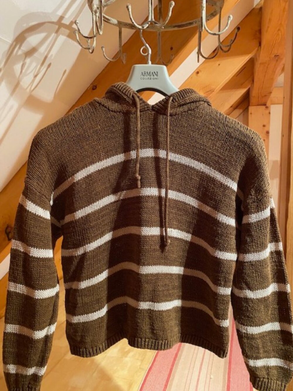 Garnet Hill Hooded Linen Cotton Striped Sweater Size M Coastal Beach Brown/cream